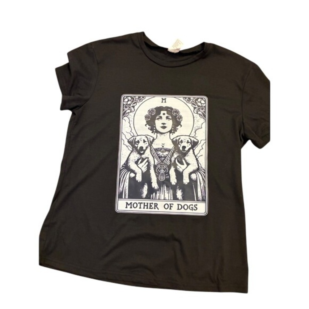 Mother of Dogs Tarot Card Graphic T-Shirt Black Short Sleeve Crew Neck Size M